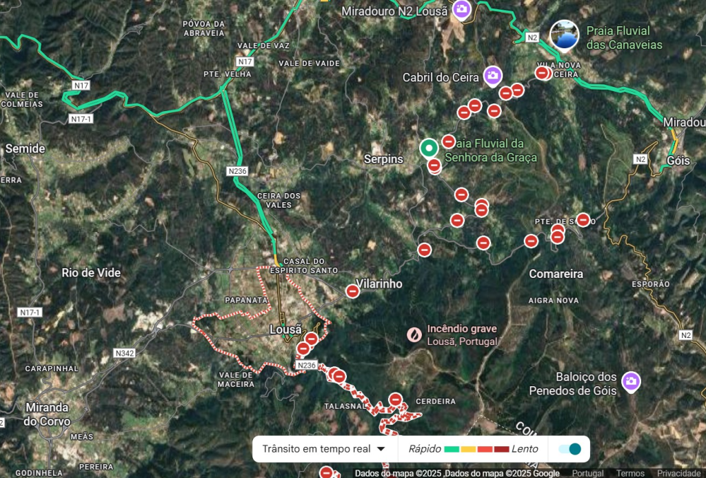 As estradas nacionais 236 e 342 estão cortadas ao trânsito no concelho da Lousã e Góis. Imagem Google Maps