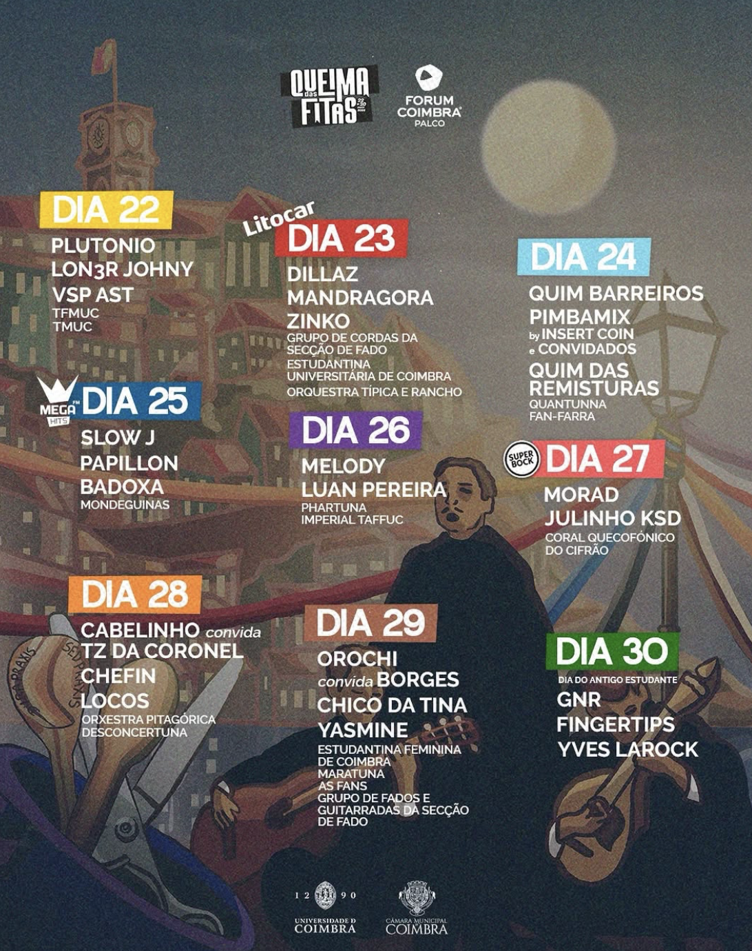 Cartaz completo da Queima das Fitas de Coimbra 2026 apresentado no Fórum Coimbra @Queima das fitas Coimbra